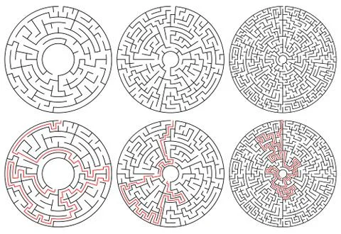 Circular mazes. 3 version with different complexity. Stock Illustration