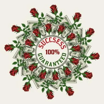 Circular money frame with twisted US dollar bills, red roses, copy space Illustrazione stock
