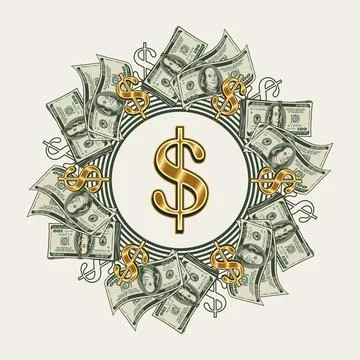 Circular money frame with US dollar bills, gold dollar sign, copy space Stock Illustration