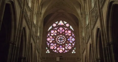 Circular mosaic glass window, St. Vitus Cathedral, Prague castle, Czechia - 4K Stock-Footage 293956602