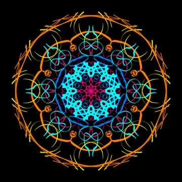 The circular multicolored floral ornament in the style of a mandala on a blac Stock Illustration