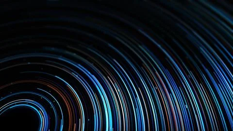 Circular neon light trails on black background, dynamic abstract motion tex.. Stock Illustration