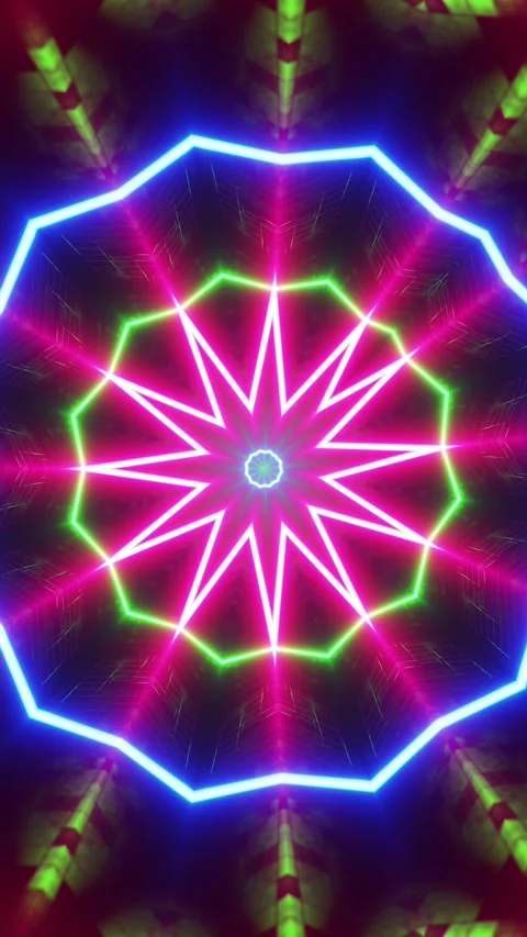 Circular of neon lights in dark room with black background. Kaleidoscope VJ loop Stock Footage 313884050