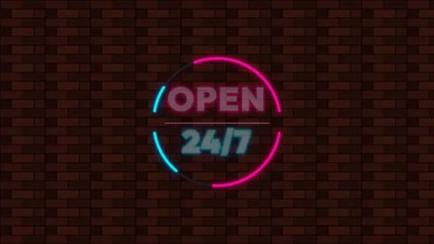 Circular Neon Open 247 Sign on Brick Wall Background 4K Vídeo Stock 339029507
