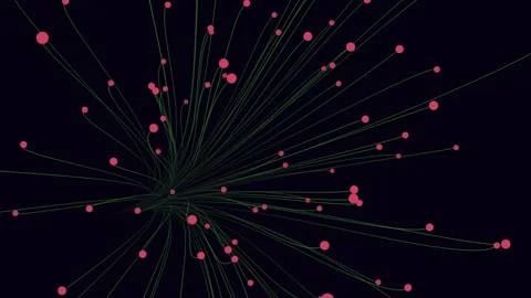 Circular network of connected dots with varying sizes and brightness Stockbeeldmateriaal 297602656
