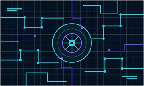 Circular network diagram with glowing lines on a dark grid background 스톡 일러스트