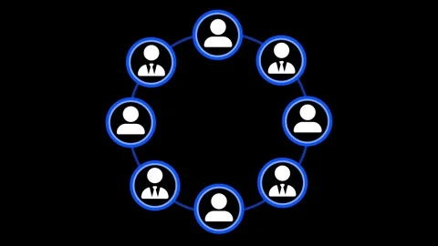 Circular network of eight user icons connected by lines animation on a blac.. Vidéo 317861414