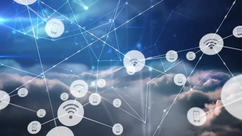 Circular node appearing starting network growth above clouds, showing wifi and Video stock 311883316