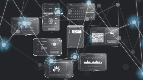 On circular nodes glowing, chat, map, calendar and graph linking, pulsing and Stock Footage 333478128