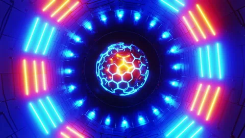 Circular object with neon lights and ball in the middle of it. Loop animation Stock Footage 239425679
