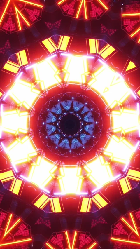 Circular object with neon lights. Kaleidoscope VJ loop Vertical. 3D rendering Stock Footage 314835137