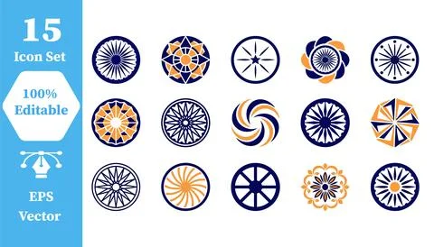 Circular ornamental wheel and pattern icon set with ornament, geometric Stock Illustration