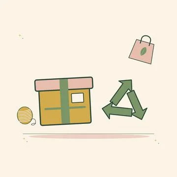 Circular packaging with a parcel and reuse symbol. Decorative flat vector com Stock Illustration