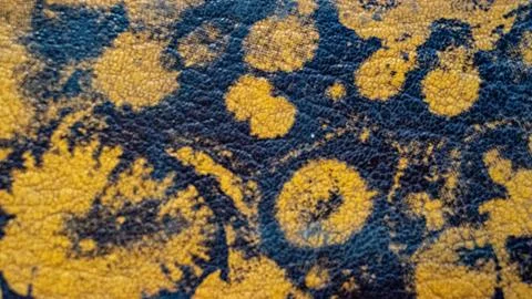 Circular paint spots on dark textured surface with orange pigment and black Stock Photos