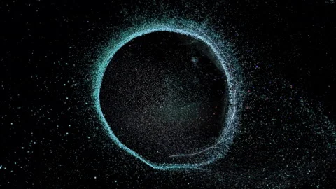 Circular particle formation and data visualization animation over black Stock Footage 304761123