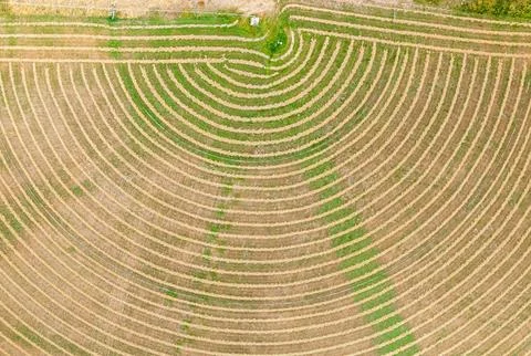 Circular pattern of crops in fields seen from drone near Winthrop WA Stock Photos