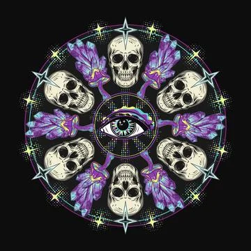 Circular pattern like mandala with skull third eye Stock Illustration