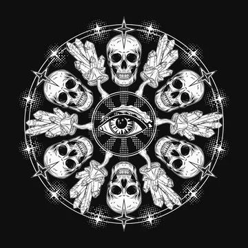 Circular pattern like mandala with skull third eye Stock Illustration