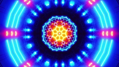 Circular pattern with neon lights in the middle of it. Kaleidoscope VJ loop Stock Footage 251987029