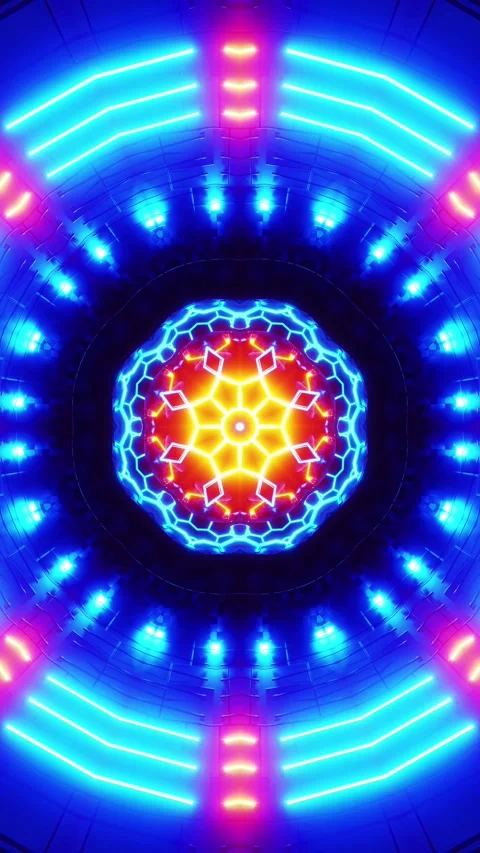 Circular pattern with neon lights in the middle of it. Kaleidoscope VJ loop Stock Footage 314716389
