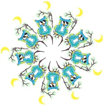 The circular pattern owl on a tree in the moonlight. Vector illustration of the Illustrazione stock