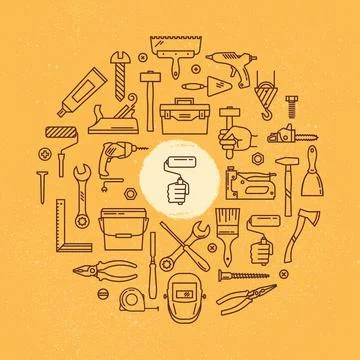 A circular pattern from a set of vector icons of various tools for construction Stock Illustration