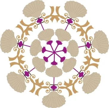 A circular pattern with shells and geometric shapes, reminiscent of Byzanti.. Illustrazione stock