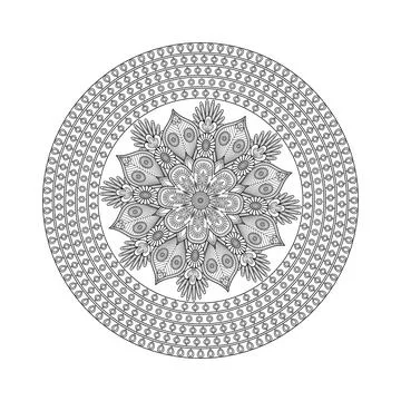 A circular patterned mandala combines concentric borders with a delicate fl.. Illustrazione stock