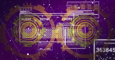Circular patterns and binary code in digital animation on purple background Stock Footage 305729218