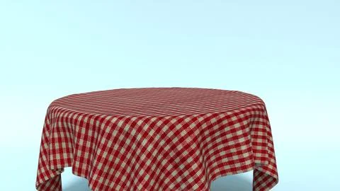 Circular picnic table with cloth. red and white checkered pattern 3d render Illustrazione stock