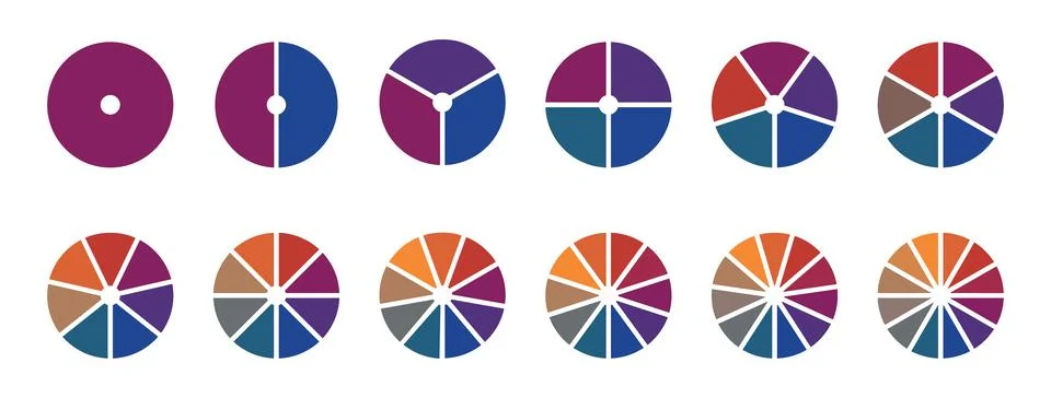 Circular pie chart segments increasing in number from one to twelve circle .. Stock Illustration