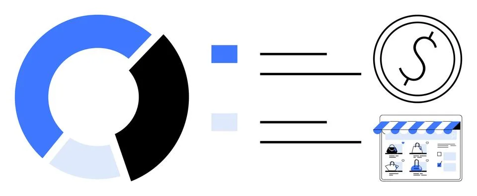 Circular pie chart with three colored segments connected to business icons of Stock Illustration
