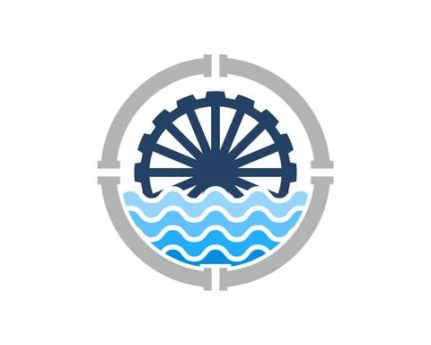 Circular pipe with abstract beach wave and water mill inside Stock Illustration