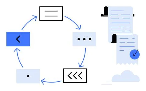 Circular process flow with six stages connected by arrows and a document with Stock Illustration