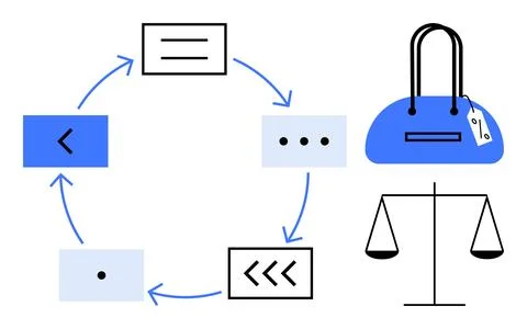 Circular Process Flowchart with Arrows and Scales, Blue Handbag with Price Ta Stock Illustration