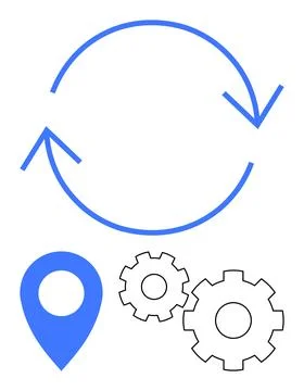 Circular process with rotating arrows, gears, and location pin marks iterat.. Stock Illustration