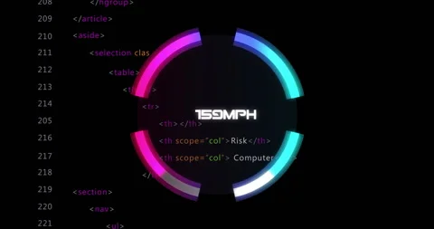 Circular progress bar animation over HTML code with 1G0MPH text in center Stock Footage 303739226