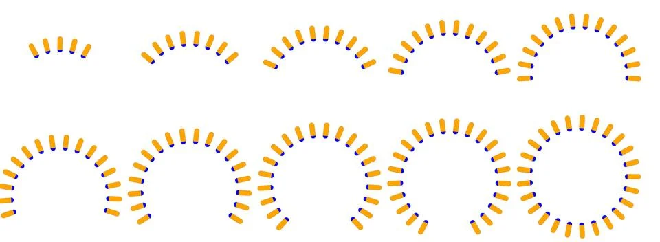 Circular progress bar segments, orange and blue radial dial icons Stock Illustration