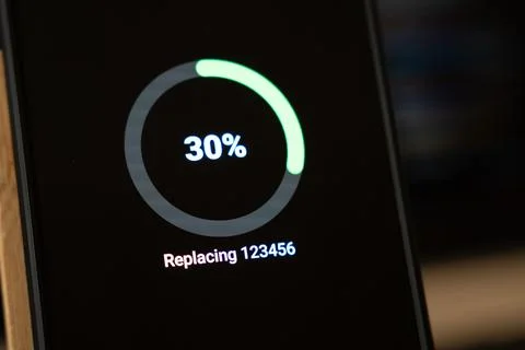 Circular progress indicator at 30 percent with the text Replacing 123456 on a Stock Photos