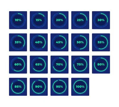 Circular progress with percentage increments neon dashboard UI element set Illustrazione stock