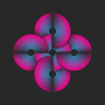 Circular psychedelic pattern logo featuring overlapping five circles, weavi.. Illustrazione stock