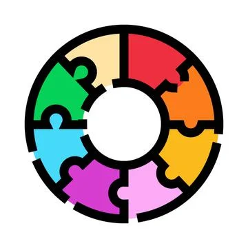 Circular puzzle pieces assembling teamwork solution process Stock Illustration