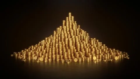 Circular pyramid of Golden Bitcoins stacks are on the black metallic surface Stock Illustration