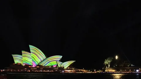 Circular Quay vivid Sydney Light show festival in Sydney at night on harbour. Stock Footage 200282992