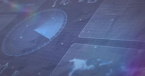 Circular radar display scanning on digital panel, with grid overlay, panels, map Stock Photos