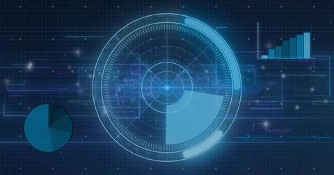 Circular radar rotating in digital panel, with pie chart, bar graph, grid Illustrazione stock
