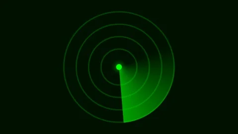 A circular radar screen display with a scanning beam on a dark background Video stock 335118059