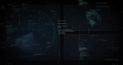 Circular radar visualization being animated over layered binary streams in dark Stock Footage 309145144