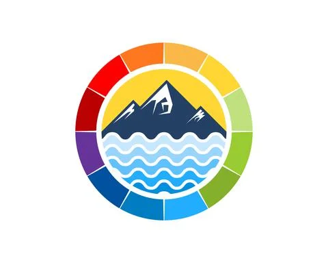Circular rainbow shape with mountain and abstract beach wave Stock Illustration