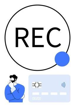 Circular REC icon in bold black, puzzled figure in blue, contactless payment  Stock Illustration